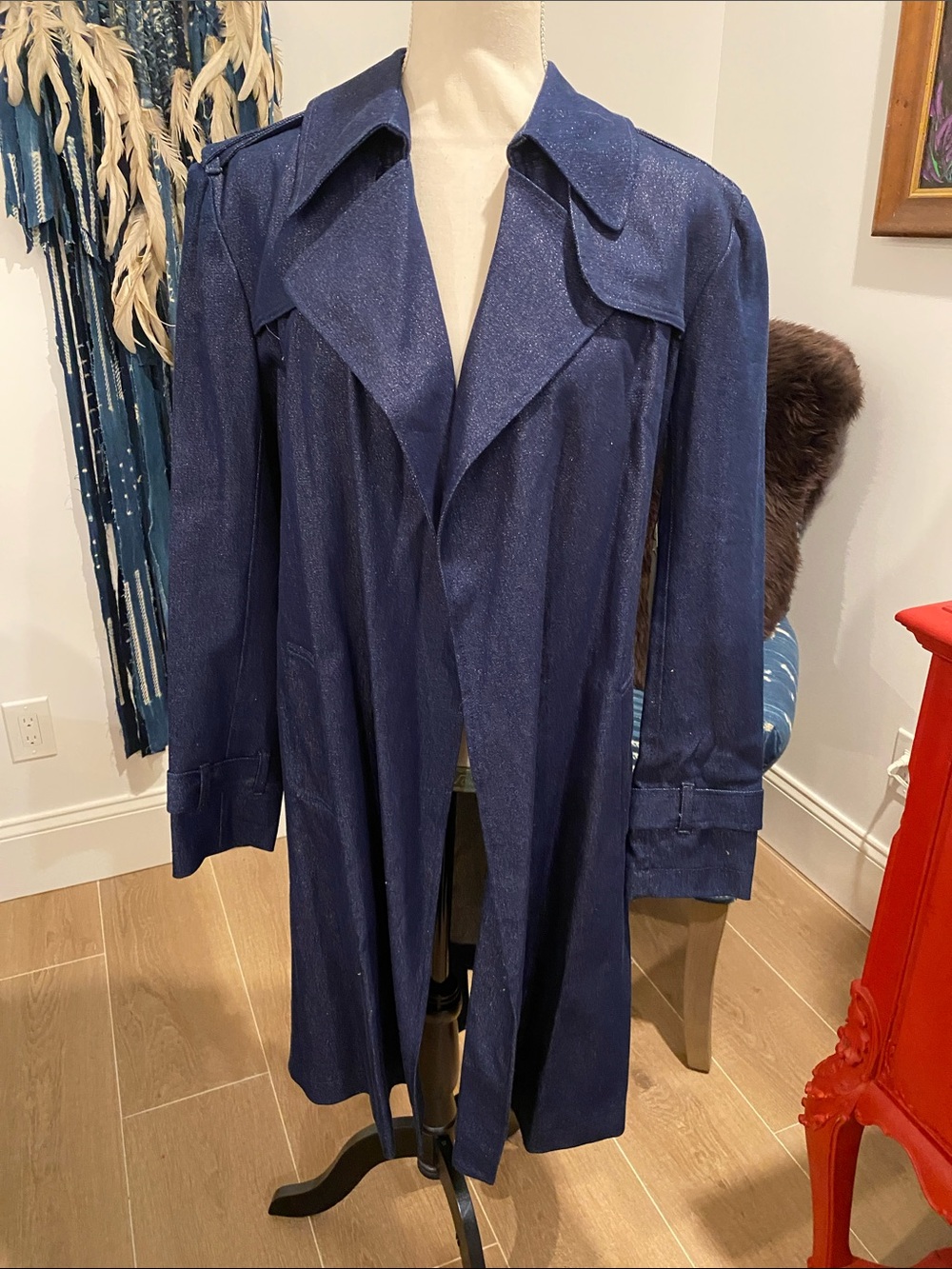 Norma Kamali Navy Shimmer Long Trench Coat